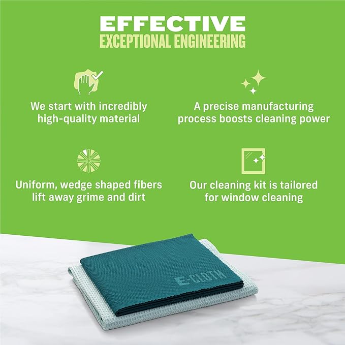 E-Cloth Window Cleaning Cloth - Eco Packaging - Glass Cleaning Cloth, Streak-Free Windows with Just Water, Microfiber Towel Kit for Windows, Car Windshield, Mirrors - Winter Green