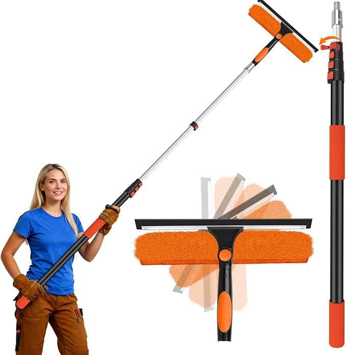 14" Extra-Wide Window Squeegee with Extension Pole, 26FT High Reach Window Cleaning Kit with- 2-in-1 Professional Window Scrubber & 5-20FT Extension Pole, for Indoor & Outdoor High Windows,RVs