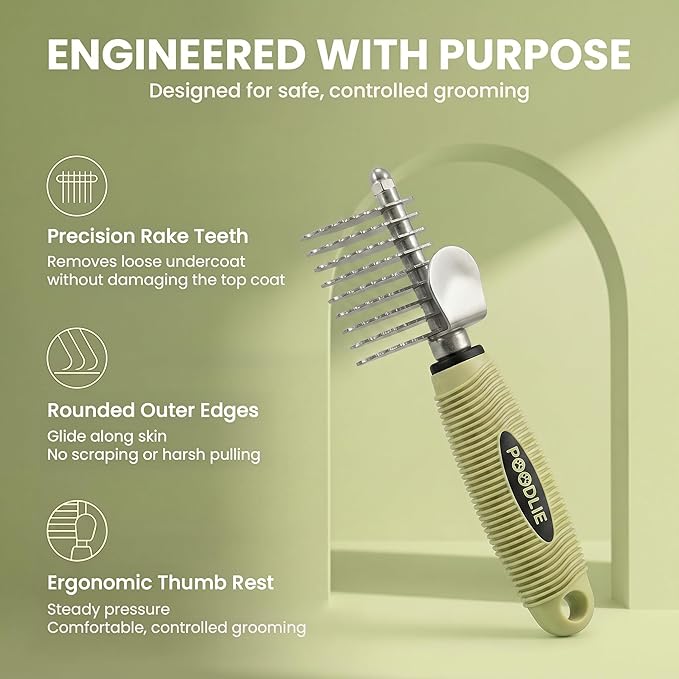 Poodle Dematting Fur Rake Comb Brush for Dogs and Cats - Long 2.5" Steel Safety Blades Metal Comb for Detangling Matted or Knotted Undercoat Hair (Green)