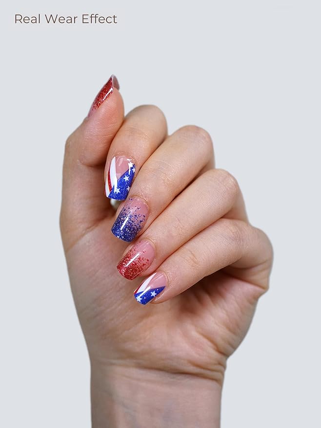 Nail Polish Strips, 32PCS Salon Quality Wraps, Long Lasting Gel Nail Stickers for Women Easy Apply& Remove (Red White and Blue)
