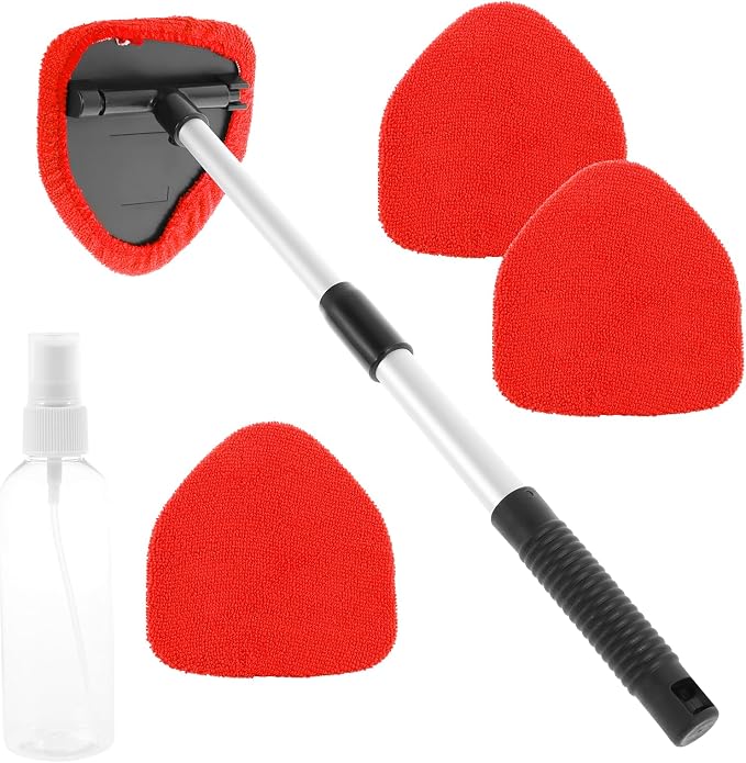 Windshield Cleaning Tool, Car Window Cleaner with Extendable Long Handle and 4 Washable Reusable Microfiber Pads and Spr