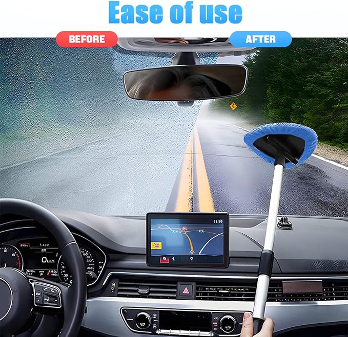 Windshield Cleaning Tool, Car Window Cleaner with Extendable Long Handle and 4 Washable Reusable Microfiber Pads, Auto Interior Exterior Glass Wiper Cleaning Kit Universal for Office and Home (Blue)