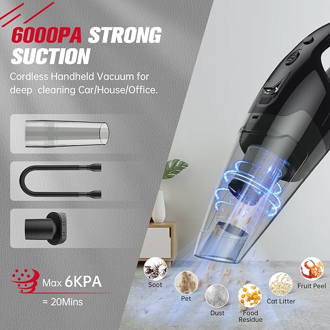 BSRCO Handheld Vacuum Cordless Rechargeable, Mini Car Vacuum Cleaner with LED, USB Charge, 1.65LBs Hand Vacuum Cordless, 25 Minutes Run Time for Car/Home/Pet Hair