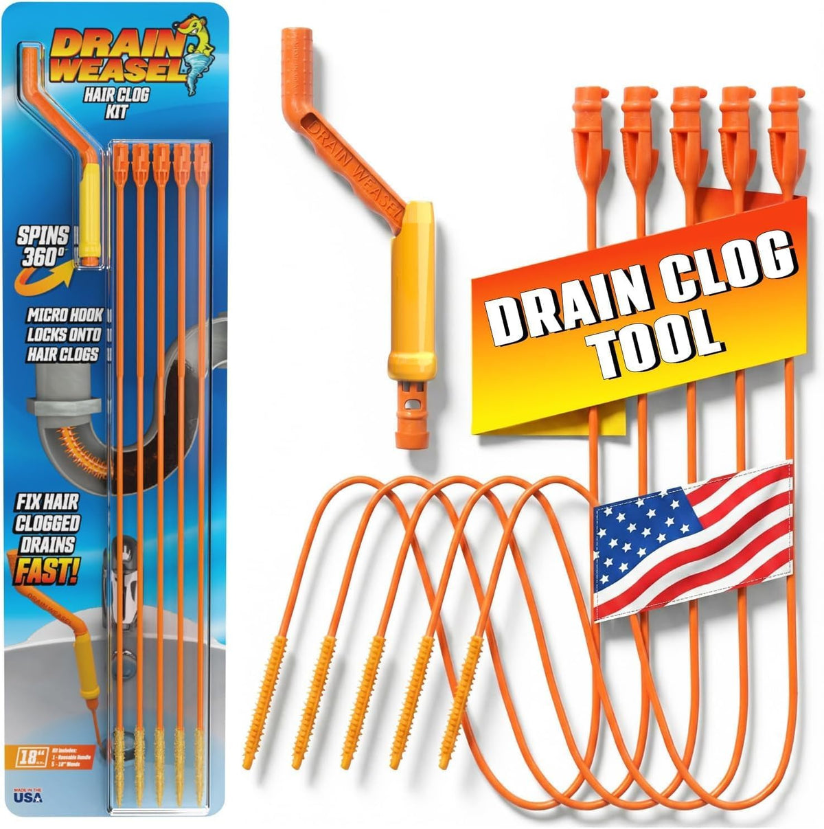 Drain Weasel Sink Snake Hair Clog Remover Tool Kit, 5 Wands