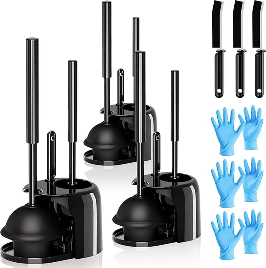 3PACK 4 in 1 Toilet Brush and Plunger Set with Crevice Cleaning Brush, Toilet Plunger and Brush Set with Extra Long Handle, Plungers for Bathroom Accessories, Toilet Plunger with Holder, Bright Black
