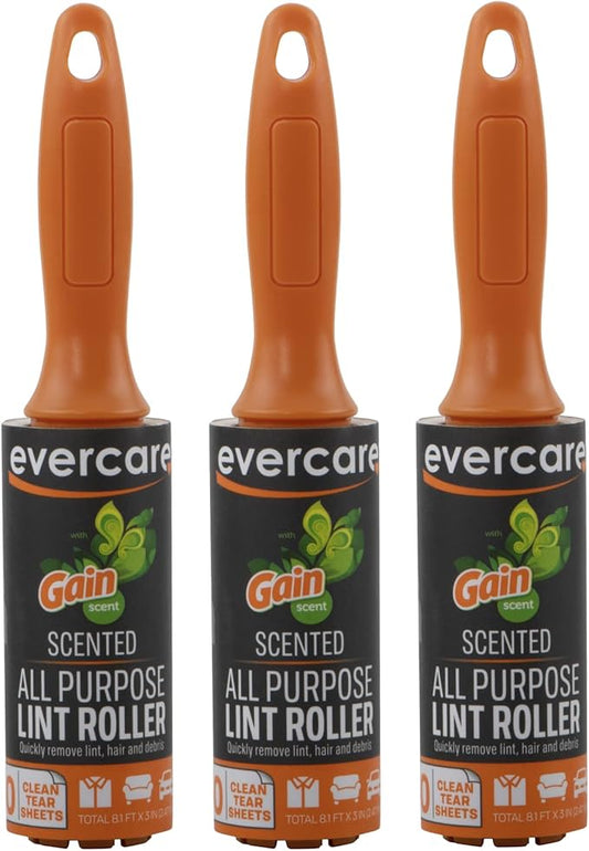 Evercare Pack of 3 Gain Scented All-Purpose Travel Lint Rollers, 90 Sheets Total (30 Sheets Each)