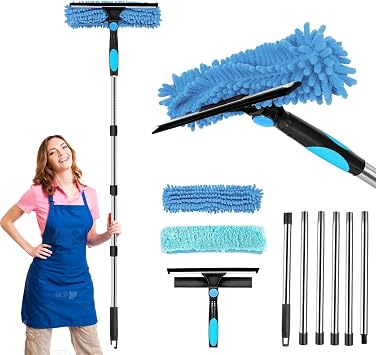 250cm Window Squeegee with Telescopic Handle, 2 in 1 Squeegee with Silicone Squeegee and 2 Microfibre Buffer, Window Was