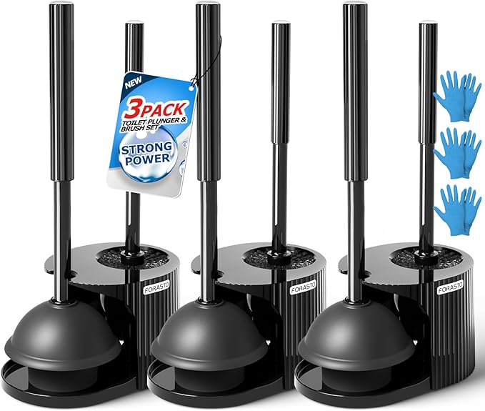 FORASTO 3Pack 2 in 1 Toilet Brush and Plunger Set, Extended Handle Plunger,Toilet Bowl Brush Plunger Set,Bathroom Cleaning Tools,Toilet Brush Plunger Combo,Cleaning Brush,Cleaning Supplies (21inch)