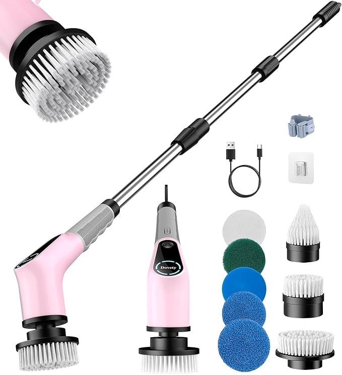 Dovety Electric Spin Scrubber, Shower Scrubber, Power Cleaner Tools with 8 Replaceable Brush Heads, Cleaning Brush with Extension Handle, 2 Adjustable Speeds, 90Mins Work Time for Home Bathtub-Pink