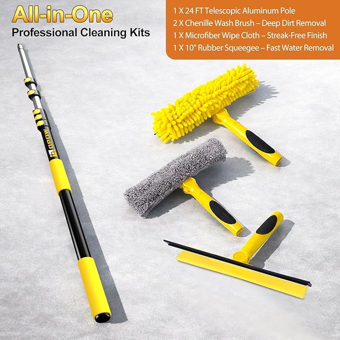 30FT High Reach Window Squeegee with Extension Pole, 2 in 1 Window Washing Kit with 6-Stage Telescopic Pole & Rotatable Head, No-Ladder Window Cleaner for High Window, Solar Panel, RV & Outdoor Glass