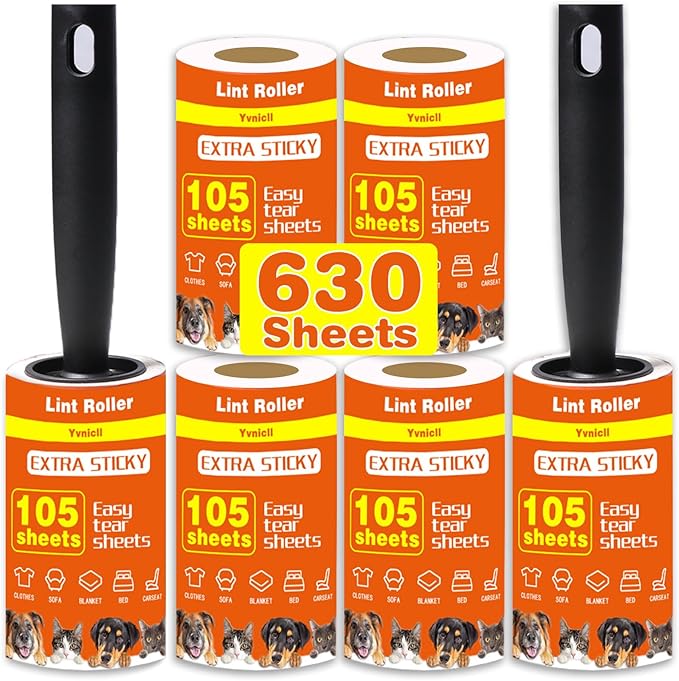 Yvnicll 630 Sheets Lint Rollers for Pet Hair Extra Sticky，Easy Spiral Tear Lint Roller for Clothes and Pet Hair， Remover for Couch, Furniture and Carpet.