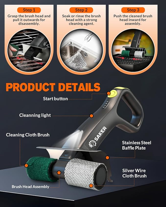 Saker Electric Grill Brush, 450 RPM Automatic BBQ Cleaning Tool with LED Light & 3 Interchangeable Heads – Cordless, Bristle-Free Grill Scrubber for Outdoor Cooking Accessories