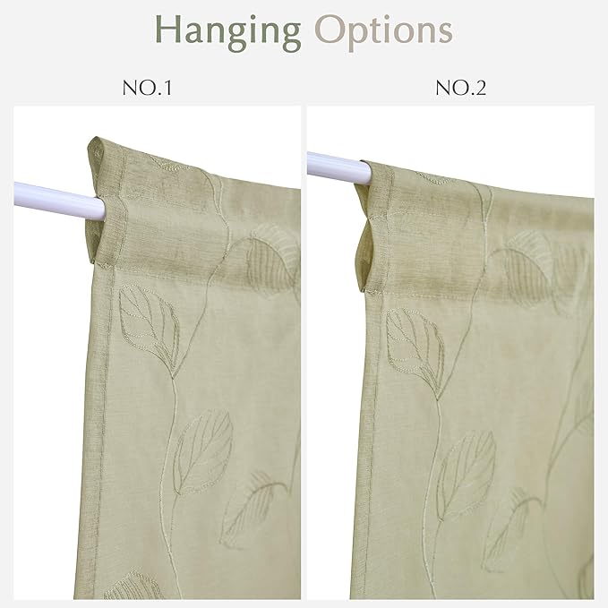 jinchan French Door Curtain Privacy Rustic Leaf Embroidered Semi Sheer Voile Front Curtain for Window Doorway Closet, Door Panel with Tieback Rod Pocket 1 Panel 55W x 40L Inch Sage Green