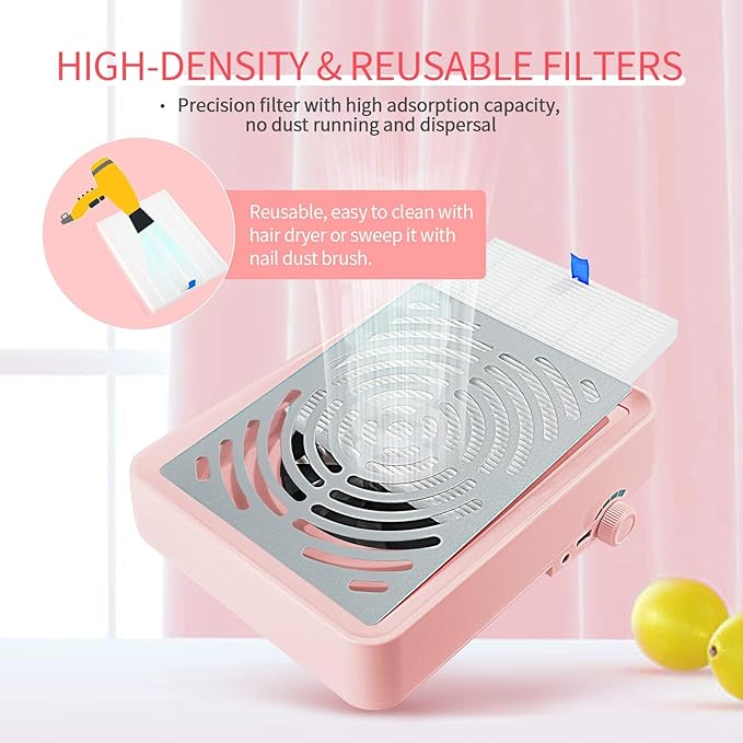 SAVILAND Nail Dust Collector with Lamp – Powerful Nail Vacuum Fan 40W Dust Collector Extractor Electric Dust Suction Machine with Reusable Filter for Acrylic Gel Nails Polishing, Low Noise, Pink