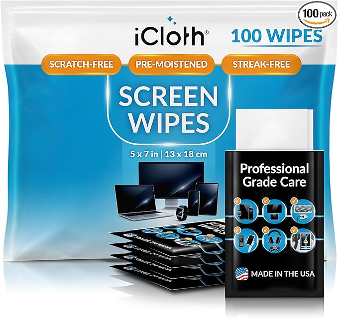 iCloth Large Screen Cleaning Wipes for Electronics, Lint-Free and Streak-Free, Fast-Drying, Removes Dust, Fingerprints, and Smudges (100 Wipes)
