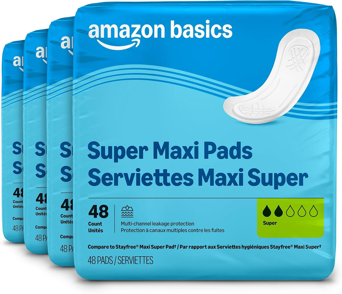 Maxi Pads for Periods- Thick, Super Absorbency, Unscented, 192 Count, (4 Packs of 48), Packaging May Vary