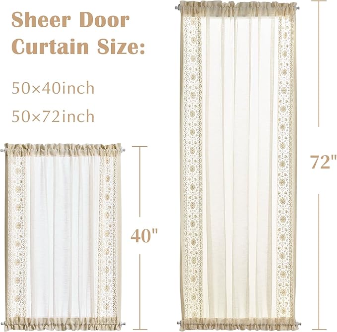 jinchan French Sheer Volie Door Curtain Embroidered Farmhouse Linen Curtain for Patio Door with Tie up Bows Light Filtering for Door Window Closet Rod Pocket 72 Inches 1 Panel Crude on Beige