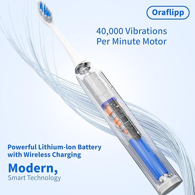 Sonic Electric Toothbrush - 40,000 VPM Power Toothbrush with 5 Modes, Smart Timer & Mode Memory, IPX7 Waterproof, 30 Days Battery Life with Inductive Charger, 8 Brush Head (White)