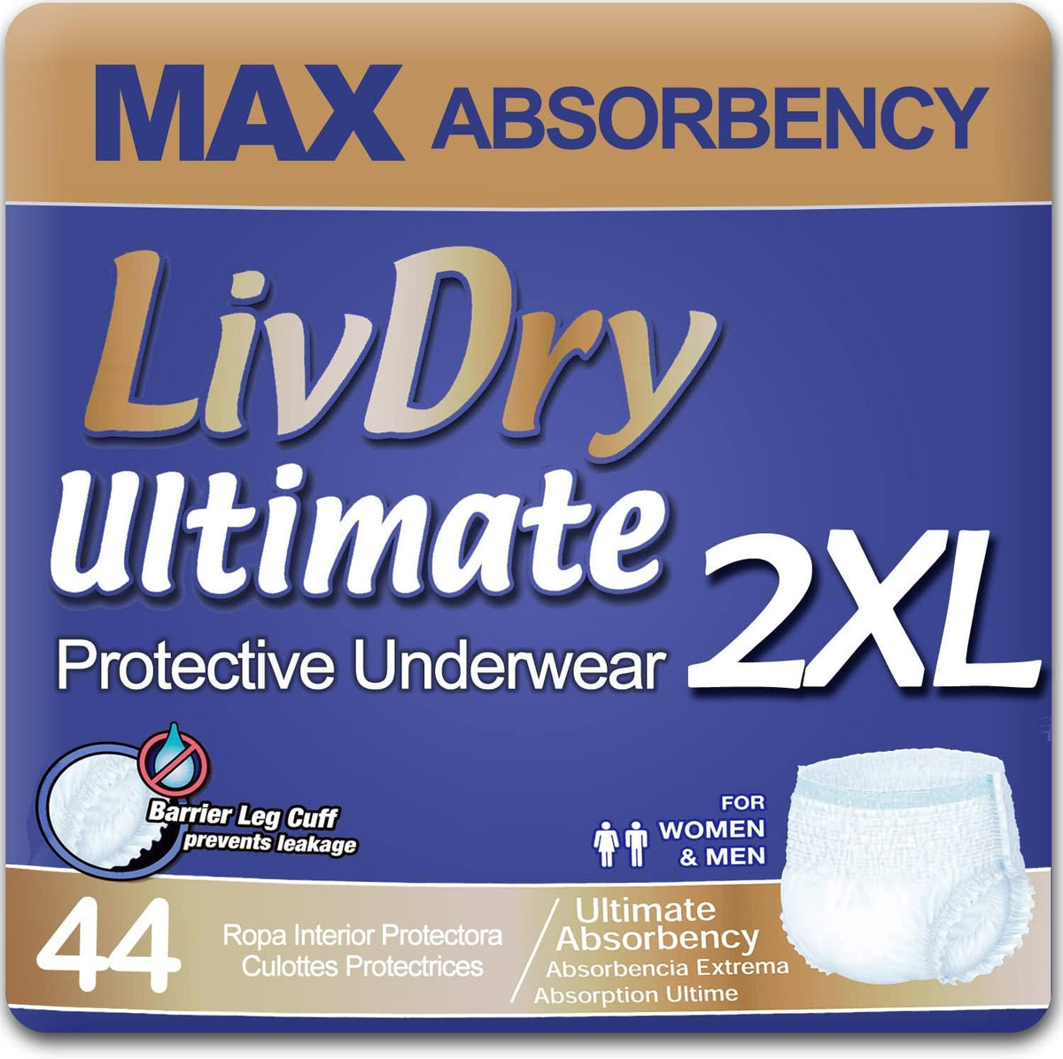 Ultimate 2XL Adult Incontinence Underwear, Max Absorbent Diapers for Women and Men, XXL 60” -80" Waist, Leak Proof Cuff, XX-Large, 44 Pack