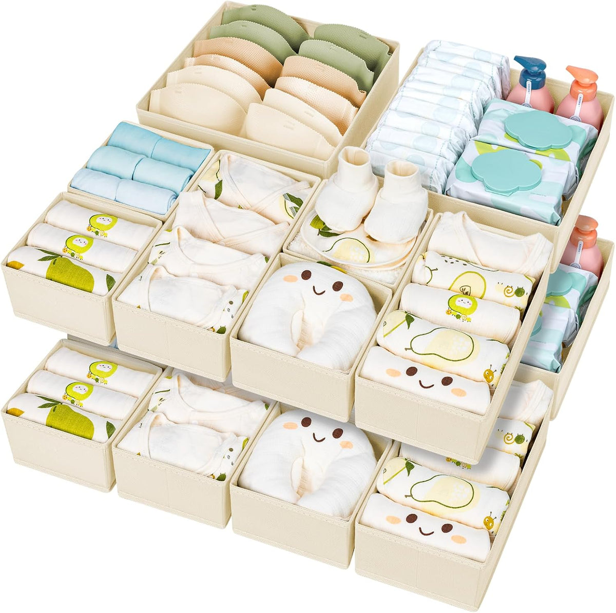 Drawer Organizer Clothes 15 Pack - Foldable Baby Organizers and Storage & Closet Organizers for Bedroom, Closet - Nursery Organization Dresser Dividers for underwear, Sock,Bra, Belt, Tie, Beige