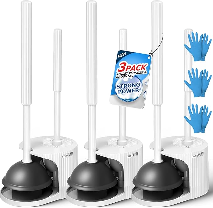 FORASTO 3Pack 2 in 1 Toilet Brush and Plunger Set, Extended Handle Plunger,Toilet Bowl Brush Plunger Set,Bathroom Cleaning Tools,Toilet Brush Plunger Combo,Cleaning Supplies, Pearl White