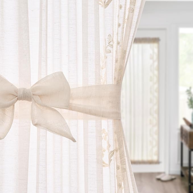 jinchan Belrose French Sheer Volie Door Curtain Embroidered Farmhouse Linen Curtain for Patio Door with Tie up Bows Light Filtering for Door Window Closet Rod Pocket 40 Inches 1 Panel Beige on Beige