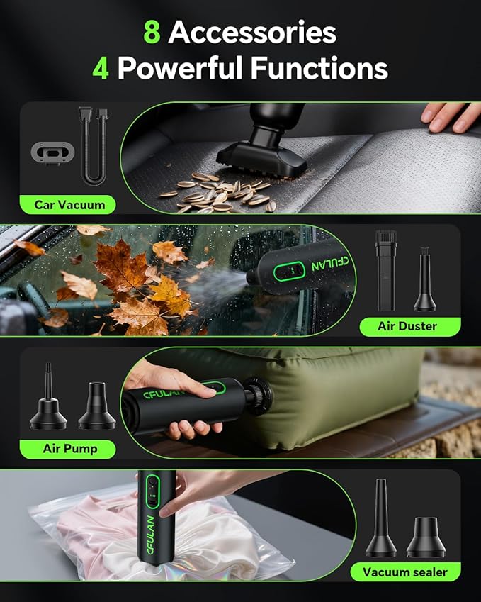 Car Vacuum Portable Cordless, 21000Pa 4-in-1 Handheld Mini Vacuum Cleaner with 8 Attachments, 3 Suction Modes, One-Touch Empty, Type-C Charge, Hand Vacuum for Car, Home, Keyboard, Small Job