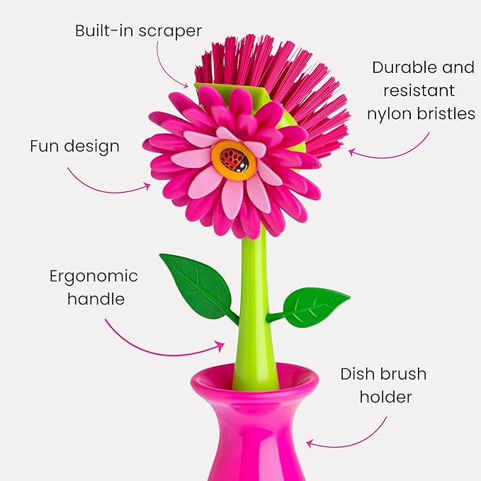 Vigar Flower Power Dish Brush with Handle and Vase Holder - Dish Scrub Brush for Dishes, Kitchen Scrub Brush, Dish Brush with Handle, Sink Cleaning Brush, Pot Scrubber, Dishwashing Brush - Pink