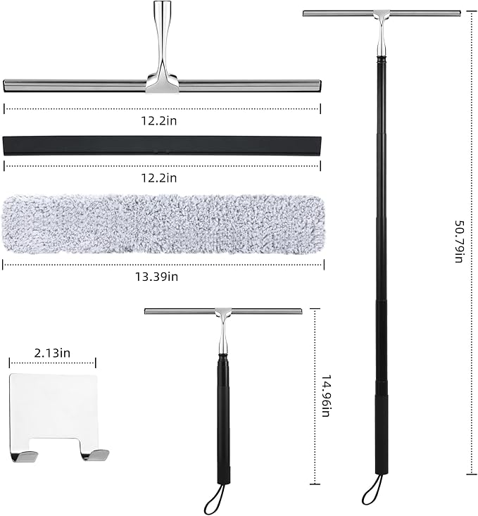 Toncoke 2 in 1 Window Squeegee, Shower Squeegee Window Cleaning Kit with Extension Pole Long Handle Squeegee for Shower Glass Floor Bathroom Home Outdoor, 12 inch Wide, Black