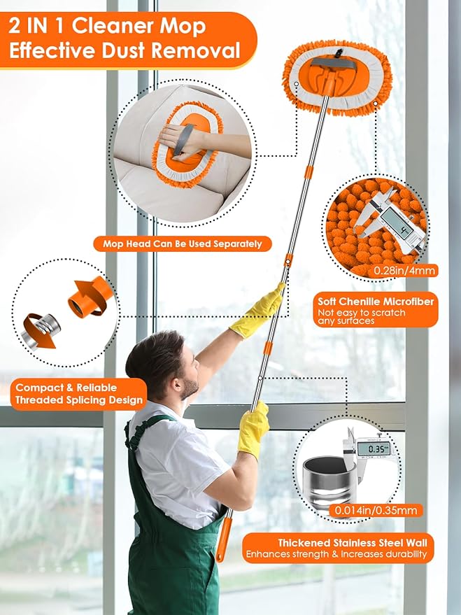 2 in 1 Lightweight Wall Cleaner Mop with Long Handle 75" 190cm Lint-Free Chenille Duster Mop for Kitchen Baseboard Floor Ceiling Glass Window Roof Adjustable Cleaning Brush Tool, 2 Replacement Heads