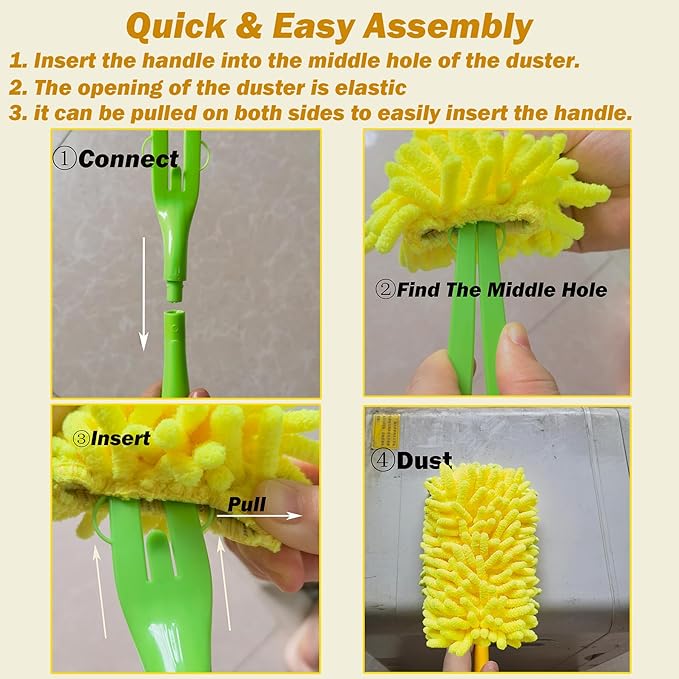 Reusable Duster for Swiffer, 360 Heavy Duty Duster Refill Compatible with Swiffer Hand Dusters for Dusting Furniture, Blinds, Ceiling Fans, Walls and More, 2 Refills +1 Handle, Yellow