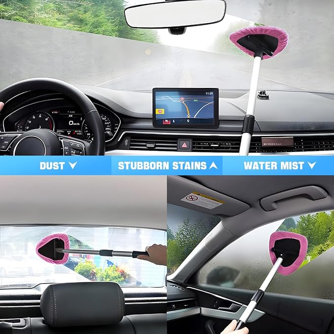 Windshield Cleaning Tool, Car Window Cleaner with Extendable Long Handle and 4 Washable Reusable Microfiber Pads, Auto Interior Exterior Glass Wiper Cleaning Kit Universal for Office and Home (Pink)