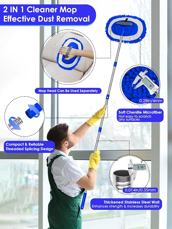 2 in 1 Lightweight Wall Cleaner Mop with Long Handle 75" 190cm Lint-Free Duster Cleaning Tool 2 Replacement Microfiber Chenille Pads for Kitchen Baseboard Ceiling Floor Window Door Scrubber Brush,Blue
