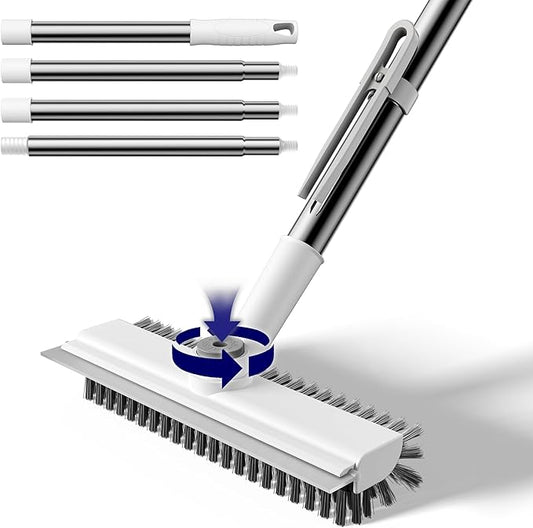 Small Floor Scrub Brush with Length Adjustable Long Handle, 3 in 1 Heavy-Duty Stiff Bristle Scrubber Brush with Squeegee and Tweezer for Cleaning Bathroom, Tile, Deck, Patio, Garage and Kitchen