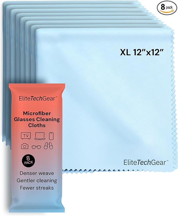 Elite Tech Gear Large Microfiber Cleaning Cloth (8-Pack) 12" x 12" - Glasses Cleaning Cloth for TV Screens, Camera Lenses and Tablets (Blue)