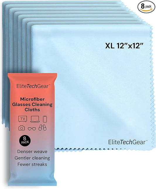 Elite Tech Gear Large Microfiber Cleaning Cloth (8-Pack) 12" x 12" - Glasses Cleaning Cloth for TV Screens, Camera Lenses and Tablets (Blue)