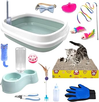 Kitten Starter Kit - 15 Piece Cat Essentials Set Includes Litter Box, Toys, Collars, Scratch Pad, Nail File, Automatic F