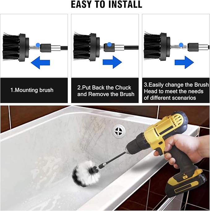 8 Pcs Drill Brush Attachment Set, Power Cleaning Scrub Brush Kit with Extend Long Attachment, All Purpose Drill Scrub Brushes for Car, Grout, Floor, Tub, Bathroom and Kitchen (Black)