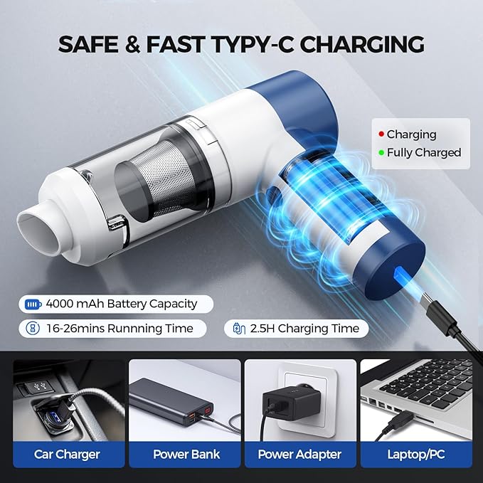 Car Vacuum Cleaner Cordless, 4 in 1 Portable Vacuum Cleaner 16000PA High Power Air Duster & Air Blower & Pump, Rechargeable Handheld Vacuum with Brushless Motor, Multi-Nozzles for Car, Home, Office