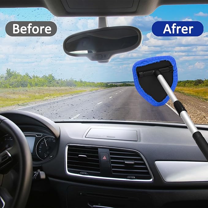 Beieverluck 20 Pieces Windshield Cleaner Tool, Inside Car Windshield Cleaning Tool with 12 Microfiber Pads, 4 Spray Bottle, and Extendable Handles Car Window Cleaning Tool Kit, Blue