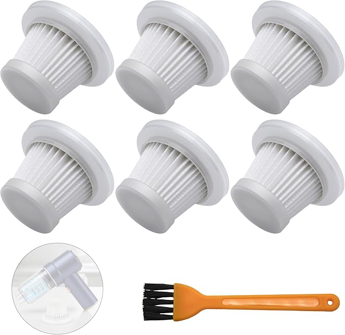 6-Pack LT-117C HEPA Vacuum Filter Replacement with Cleaning Brush, Compatible with KMM LT-117C Handheld Car Vacuum Cleaner, White, 2.08 x 1.45 Inches