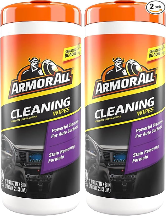 Armor All Interior Car Cleaning Wipes, Canister, Powerful Cleaning for Dashboards, Vinyl, Clear Plastics, Carpet and Fabric, 25 Count (Pack of 2)