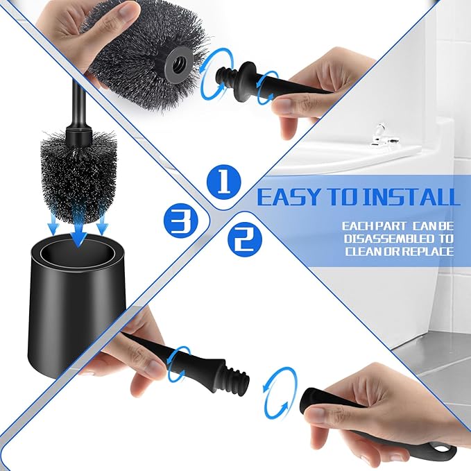 Toilet Brush and Holder 3 Pack with Long Handle - Non-Slip Grip Toilet Bowl Brush Set for Deep Cleaning Bathroom, Toilet Scrubber- Black