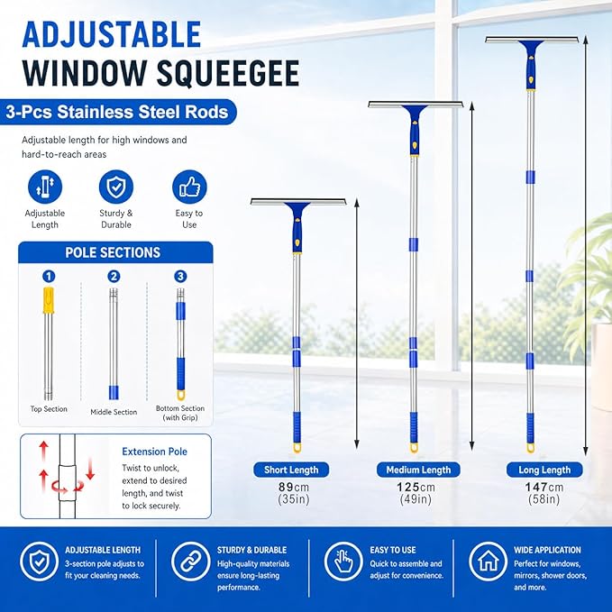 Window Squeegee with Extension Pole, Separate 12" Squeegee & 11" Microfiber Scrubber Heads, Window Cleaning Kit for Hard-to-Reach Windows, Shower Doors, Car Windshields, Indoor Outdoor-2 Pads