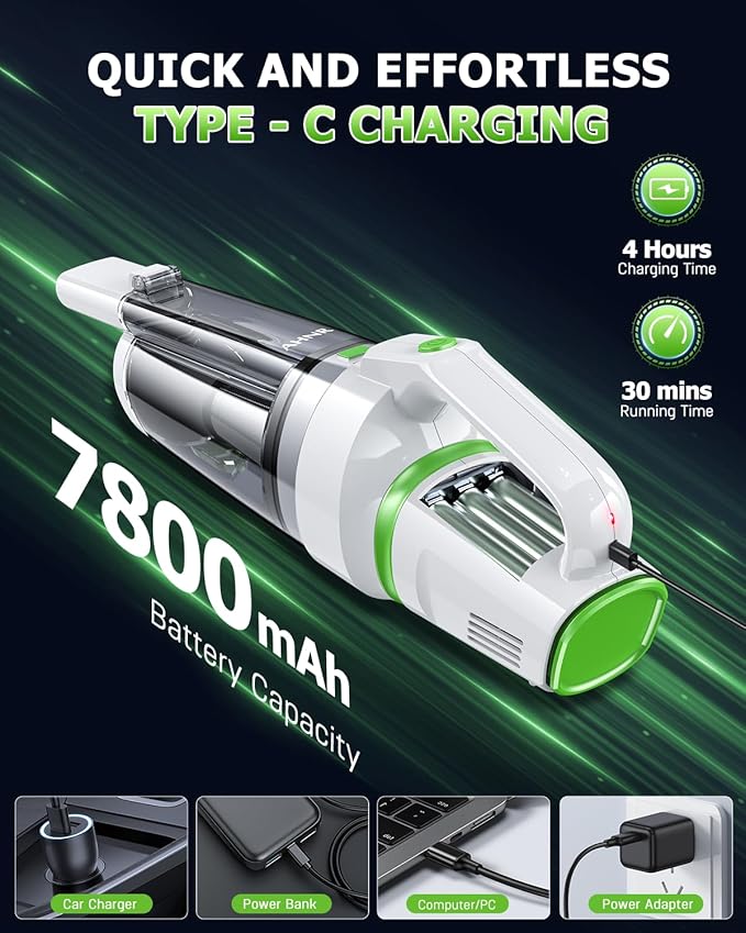 AHNR Handheld Vacuum Cordless, 16000PA Powerful Suction Hand Held Vacuum Dust Busters Cordless Rechargeable with LED Light & 2 HEPA Filters, Portable Car Vacuum Cleaner High Power for Car Home Office