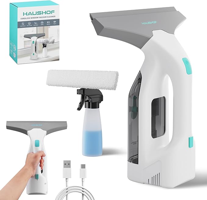 HAUSHOF Electric Window Vacuum Squeegee 11", Vacuum Squeegee Cordless Cleaner Tool Set, Window Vac with 300ml Spray Bottle & 100ml Water Tank for Mirror, Countertop, Showers