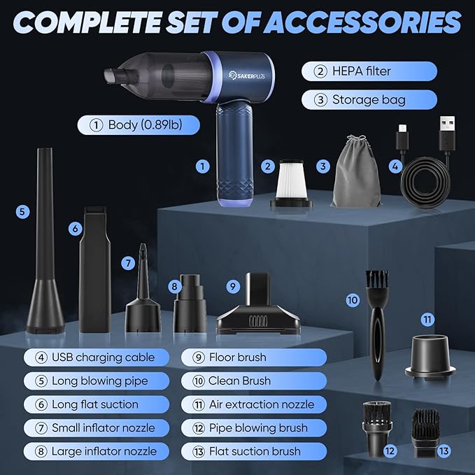 SakerPlus Car Vacuum Cleaner- 3 in 1 Cordless Handheld Vacuum Cleaner, 13000Pa High Power Car Vaccum Cleaner with Brushless Motor,Adjustable Cars Vaccum Portable Cordless for Cars,Desktop-DBS03