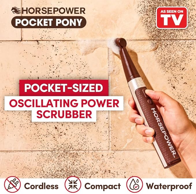 Horsepower Pocket Pony, AS SEEN ON TV, Waterproof, Cordless, Pocket-Sized, Oscillating Power Scrubber, Deep Clean, Tight Spaces, Rechargeable, Grout Lines, Corners & Detailing, 5 Brush Heads & LED