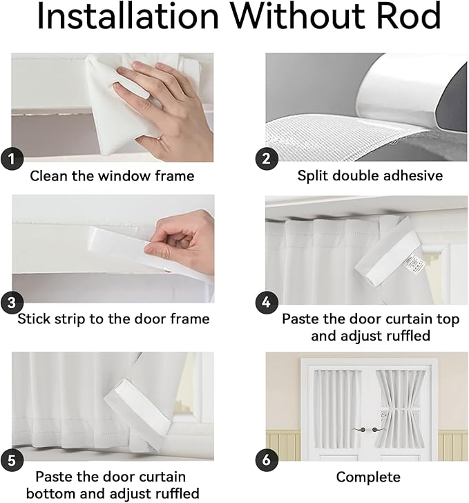 Vatge Self-Adhesive French Door Curtains - Rodless No Drill Light Filtering Window Treatment for Sliding Glass Doors, 1 Panel, W25 x L72, Greyish White