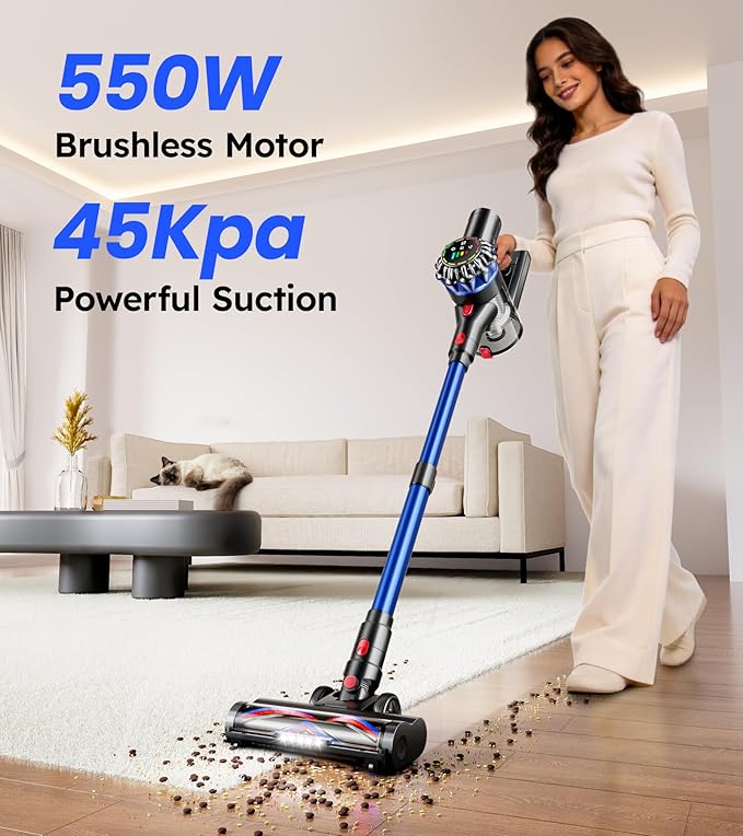 Cordless Vacuum Cleaner, 550W 45Kpa 65Mins Stick Vacuum with Self-Standing, Touch Screen, Anti-Tangle Rechargeable Wireless Vacuum, Vacuum Cleaners for Home/Pet Hair/Carpets/Hardwood Floor